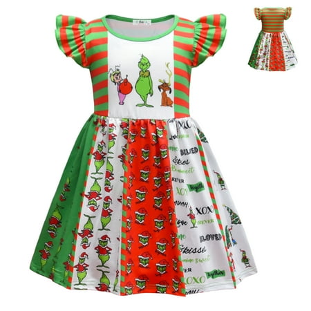 

Girl Grinch Princess Dress Cartoon Short Sleeve Casual Christmas Party Dress 2-8Y