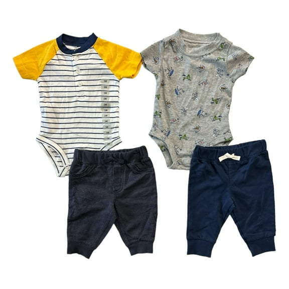 Carter's Boy's 4 Piece Cotton Print Bodysuit Pant Set (Blue/White/Yellow/Gray, 6M)