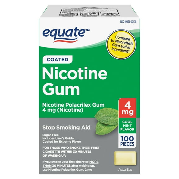 Equate Coated Nicotine Polacrilex Gum 4 mg, Mint Flavor, 100 Count, Compare to Nicorette® Gum Active Ingredient
