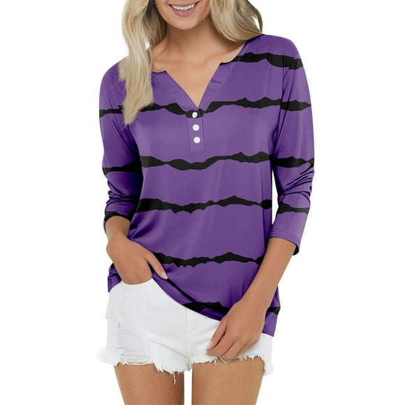 Alitao Blouses for Women Dressy Casual Tshirts Shirts Fashion Casual Striped Printed Button Three Quarter Sleeve Top T Shirt Womens Blouses Summer Tops Hot Pink XL