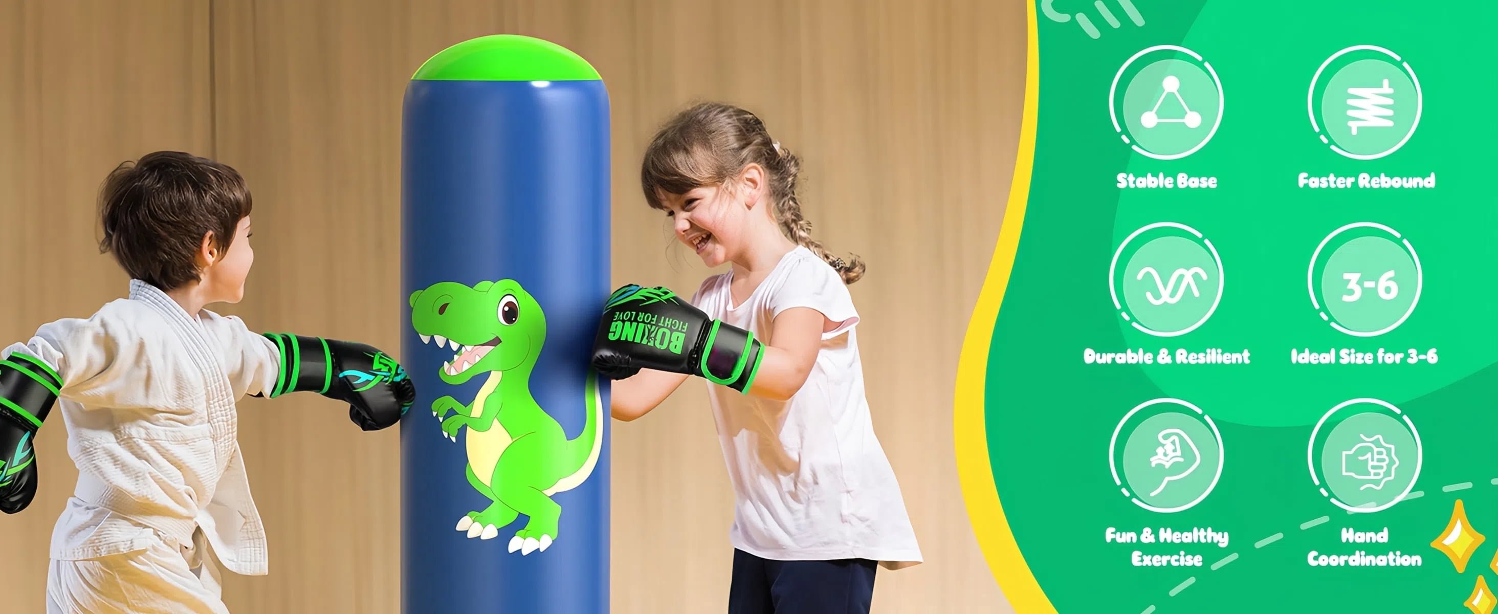 48" Inflatable Punching Bag for Kids, Lava Green Dinosaur with Blue Pillar, Dinosaur Bop Bag for Boys & Girls Ages 3-8