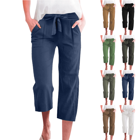 Chroia Women 2026 Summer Cotton Linen Cropped Pants, Straight Wide Leg Drawstring Elastic Waist Casual Trousers