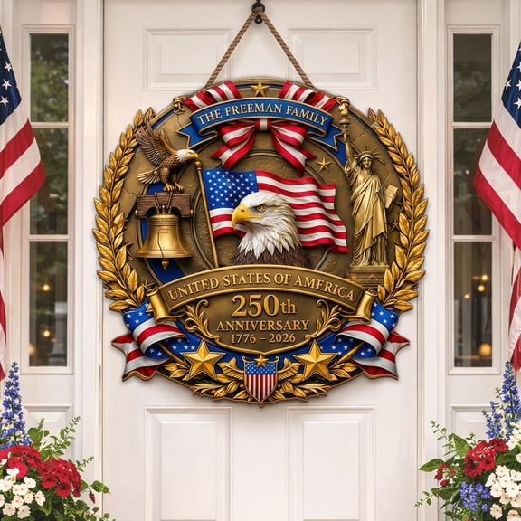 NAZENTI Personalized 250th Anniversary 4th of July Door Sign with Family Name, Custom Door Wreaths for 250 USA Anniversary, Customized Patriotic Decorations, 250 Year America Outdoor Decorations A16