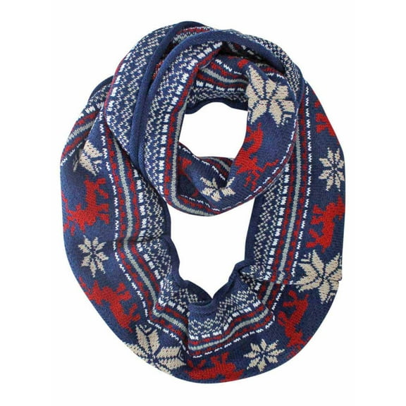 Navy Red & Beige Deer & Snowflake Winter Knit Infinity Scarf