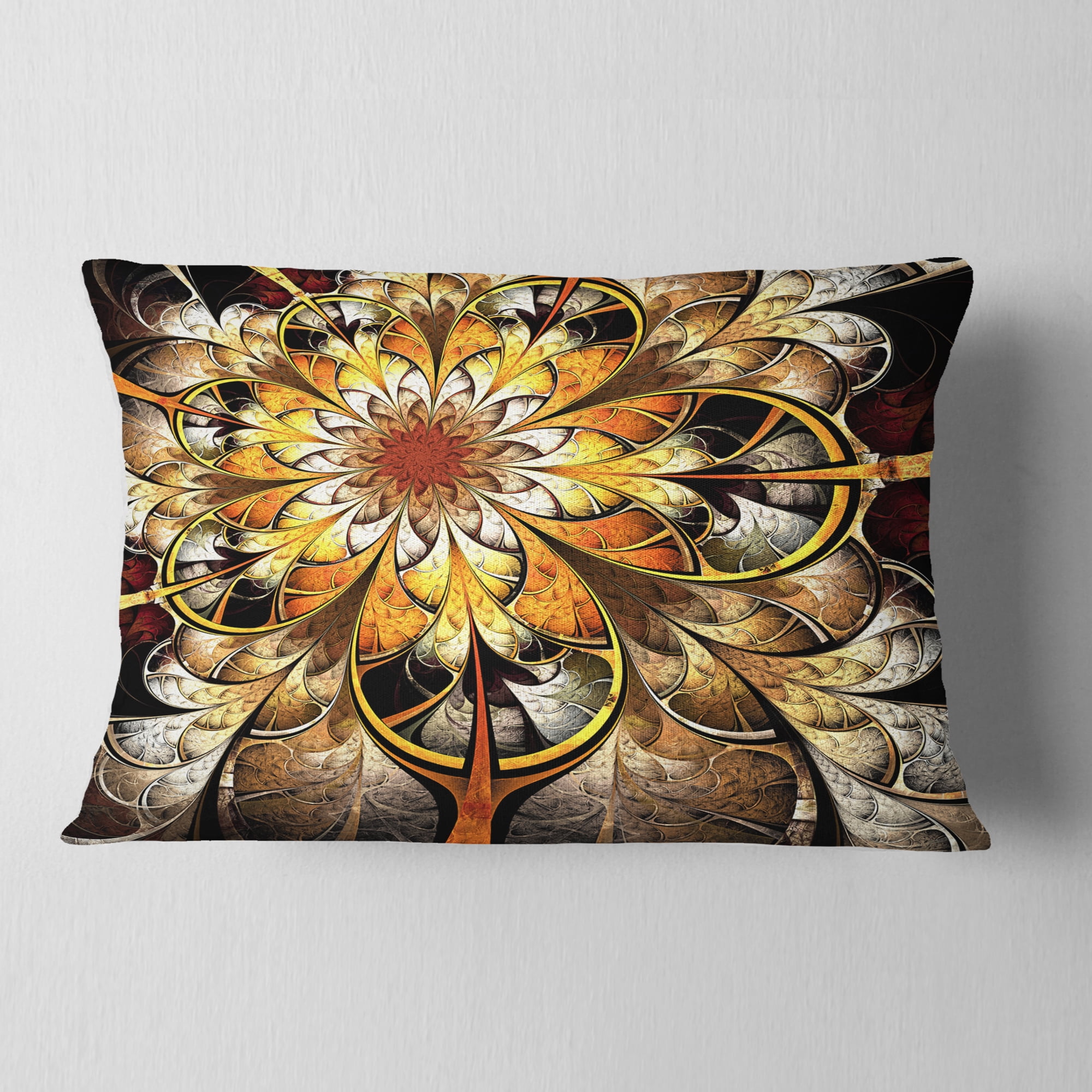 Designart Fractal Flower Dark Yellow - Floral Throw Pillow - 12x20