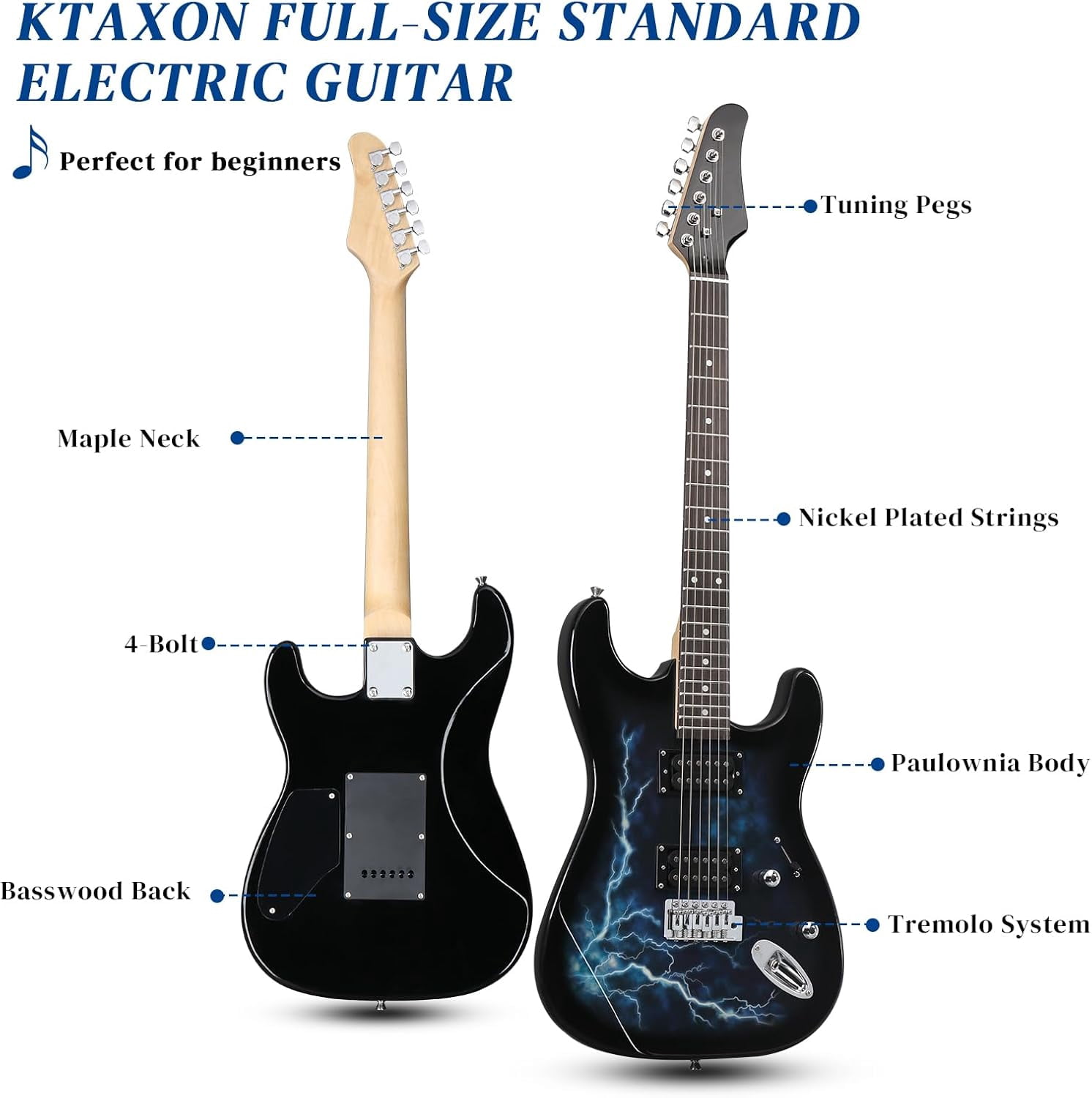 39 Inch Electric Guitar, Full Size Solid Body H-H Pickups 6 Strings Beginner Guitar Kit With Gig Bag, Strap, Tremolo Arm, Cable & Picks (Black Back)