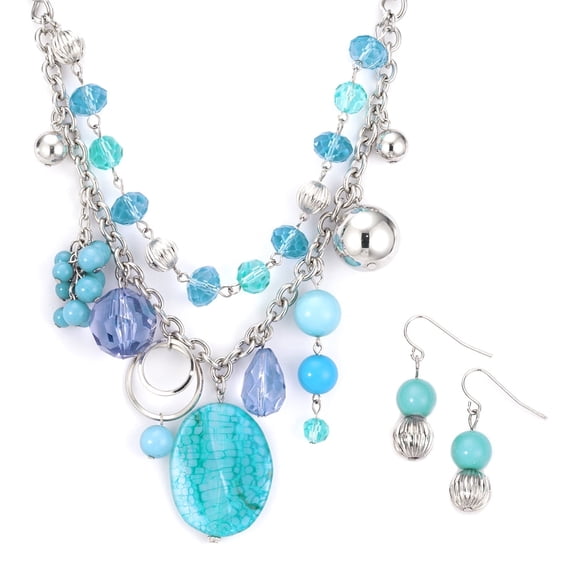 Tropical Blue Glass Bead Statement Necklace and Earring Set with Crystal Accents - Beach Resort Jewelry Necklace Earring Silver Metal