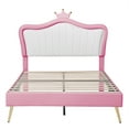 thumbnail image 5 of THOWDEE Full Size Princess Platform Bed with Crown Shape Headboard, Upholstered Bed Frame with LED Lights, 76"L X 57.9"W X 55.1"H 500 Lbs Load, White+Pink, 5 of 9