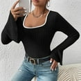 thumbnail image 4 of Trendy Ribbed Knit Tops for Women Teens Slim Fit Y2k Style Square Neck Long Bell Sleeve Tees Crop Sweaters (Medium, Black), 4 of 7