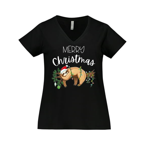 Inktastic Merry Christmas Cute Sloth with Santa Hat and Lights Women's Plus Size V-Neck T-Shirt