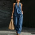 thumbnail image 2 of Enjoytime Denim 2 Piece Sets for Women V-Neck Short Sleeve Tops Pants Matching Set Travel Casual Plus Size Outfits, 2 of 5