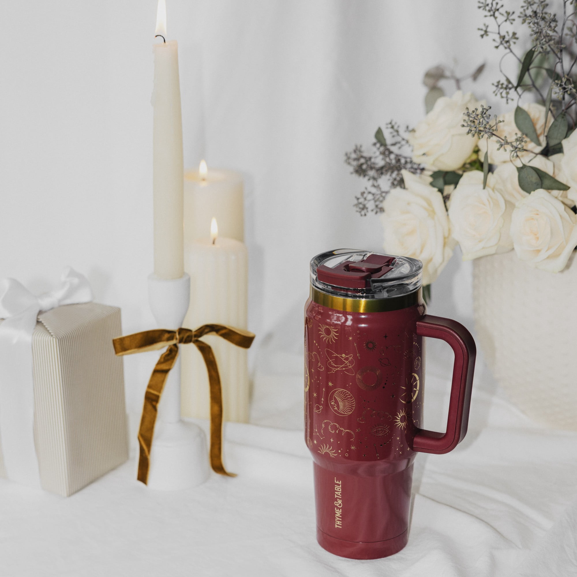 Thyme & Table 32oz Stainless Steel Luna Tumbler with Handle and Dual Straw Lid, Red Zodiac