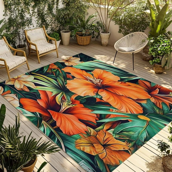 Fsddascl Burnt Orange Floral Outdoor Rug for Patio/Deck/Porch, Non-Slip Large Area Rug 5 x 8 Ft, Tropical Botanical Leaves Floral Indoor Outdoor Rugs Washable Area Rugs, Camping Rug Carpet