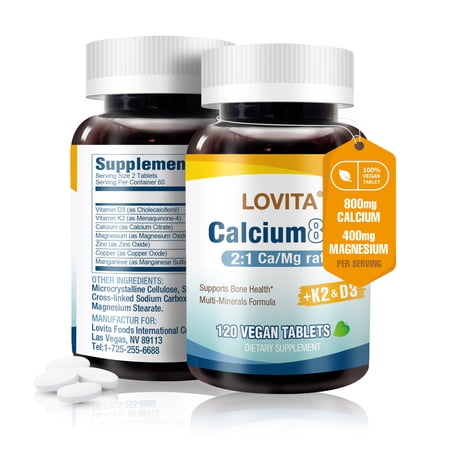 Lovita Calcium 800mg, Calcium Citrate with Vitamin D3 & K2, Magnesium, Zinc, Vegan Supplement, 120 Tablets