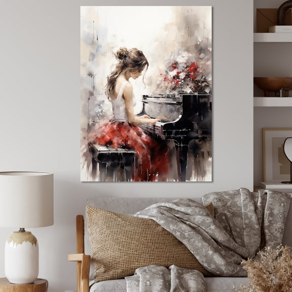Designart "Beige Red Music Piano euphony II" Portrait Wall Art Living Room