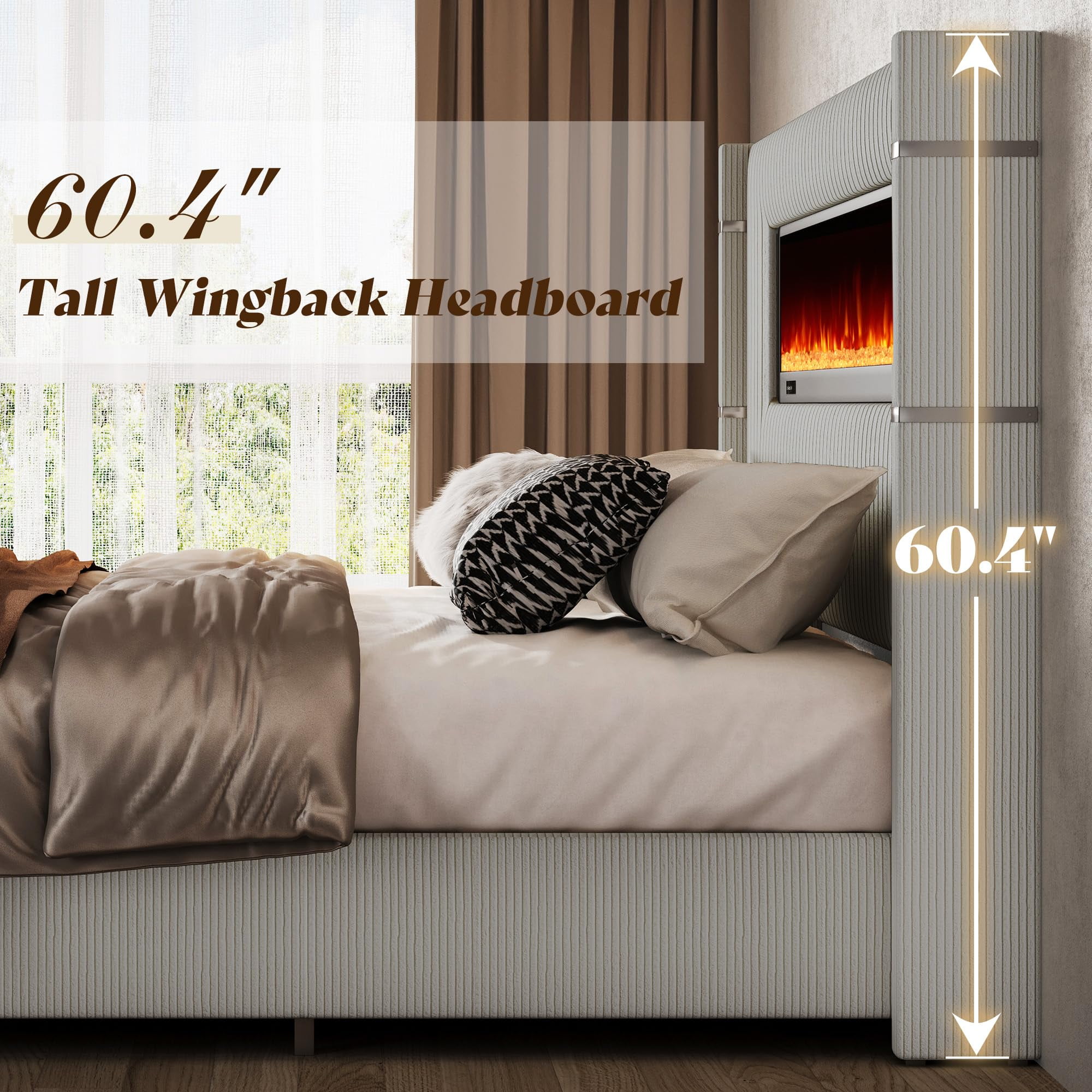 Merluxy Modern California King Size Bed Frame with Fireplace and Tall Headboard, Corduroy Upholstered Wingback Platform, Greige