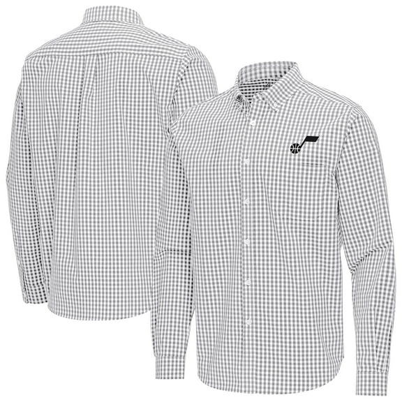 Men's Antigua Gray Utah Jazz Ellis Woven Tri-Blend Button-Down Shirt
