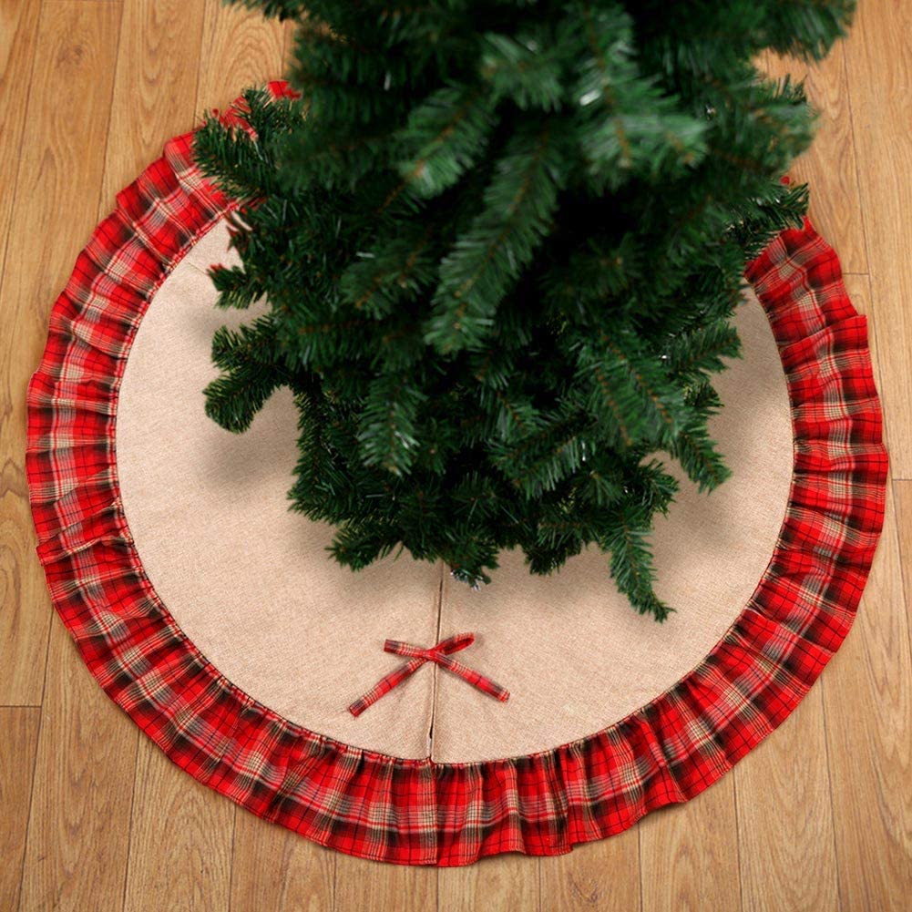 Christmas Tree Skirt 48 inch Red and Black Plaid Ruffle Edge Linen