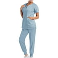 thumbnail image 2 of DPTALR Women Solid Color Loose Pants Multiple Pocket Caregiver Nursing Uniform Short Sleeve Zipper V-Neck Set, 2 of 6