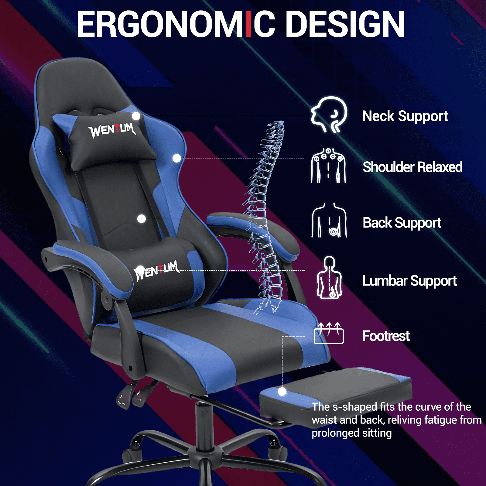 WENTUM Ergonomic Reclining Gaming Chair with Linkage Armrests & Footrest, Racing Office Chair, PU Leather Computer Desk Chair, Blue
