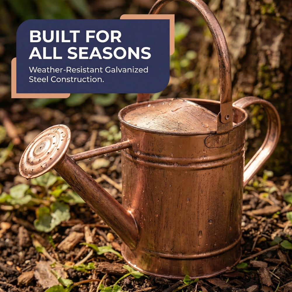 1-Gallon Steel Watering Can with Removable Sprinkler Head Ideal for Indoors & Outdoors, Copper