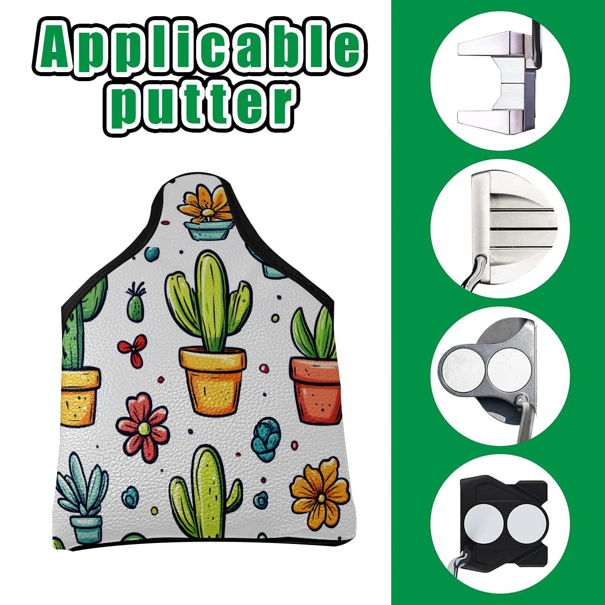 Golf Mallet Putter Cover Premium Leather Waterproof Golf Putter Head Cover with Magnetic Closure Succulent Plant Doodle Pattern
