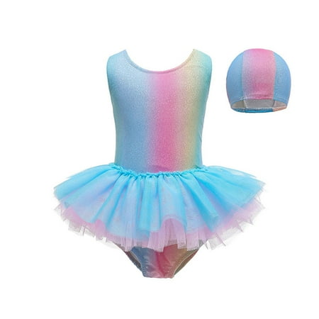 JIUWEN Girls One Piece Swimsuit Ballet Dress Swimwear Rainbow Bathing Suit with A Swimming Cap-Light Blue-140 Girls Swimsuit One Piece Swimsuit for Girls Swim Suits for Girls 10-12 Years Old