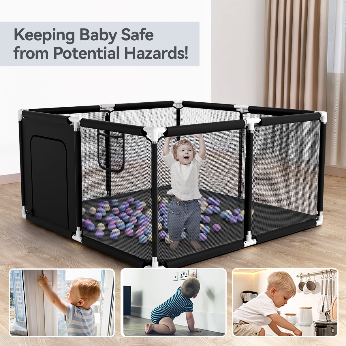 Baby Playpen, Outdoor Play Yard, Portable Play Yard 4-Panel- Baby Foldable Safety Playpen for Infant Toddler, Black