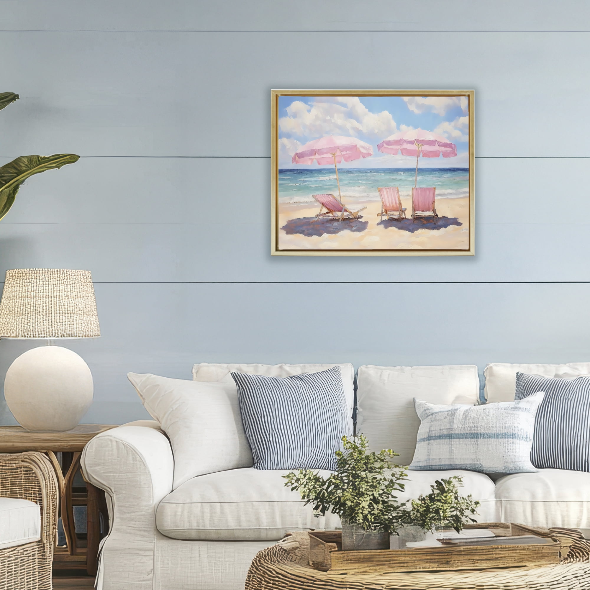 Stupell Industries Pink Summer Chairs by the Sea Gold Framed Floater Canvas Wall Art, design by LSR Design Studio