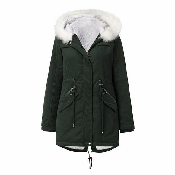 Hjcommed Womens Warm Long Coat Hoodies Collar Jacket Slim Winter Parkas Outwear Coats Green L