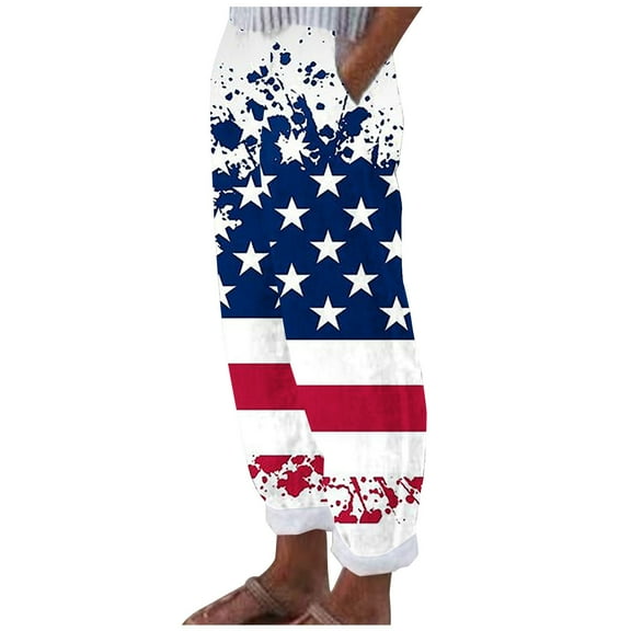 Edvintorg 4Th Of July Oversized Pants for Women Summer Casual Printing Comfortable Loose Pocket Trousers Pants Women Gifts Blue L