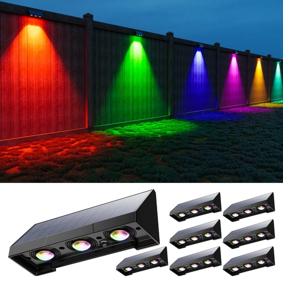 Yinghao 8 Pack Color Change Solar Fence Lights Outdoor Decorative LED Waterproof RGB Yard Lamps for Outside Wall, Deck, Rail, Stair, 3X Lens Designed