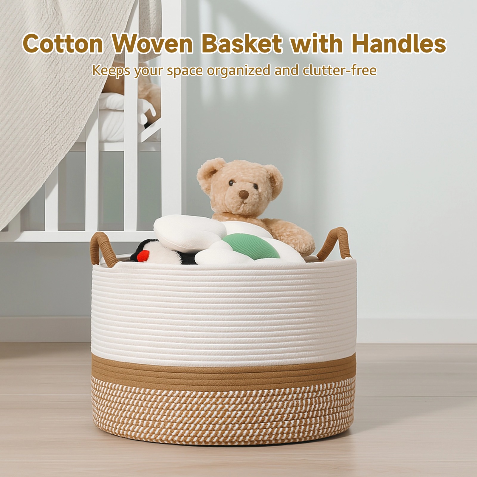 Cotton Woven Basket with Handles, 15.7" x 13" Large Cotton Rope Woven Storage Basket for Organizing, Laundry Hamper, Round Toy Organizer Bin for Nursery, Living Room, Bedroom