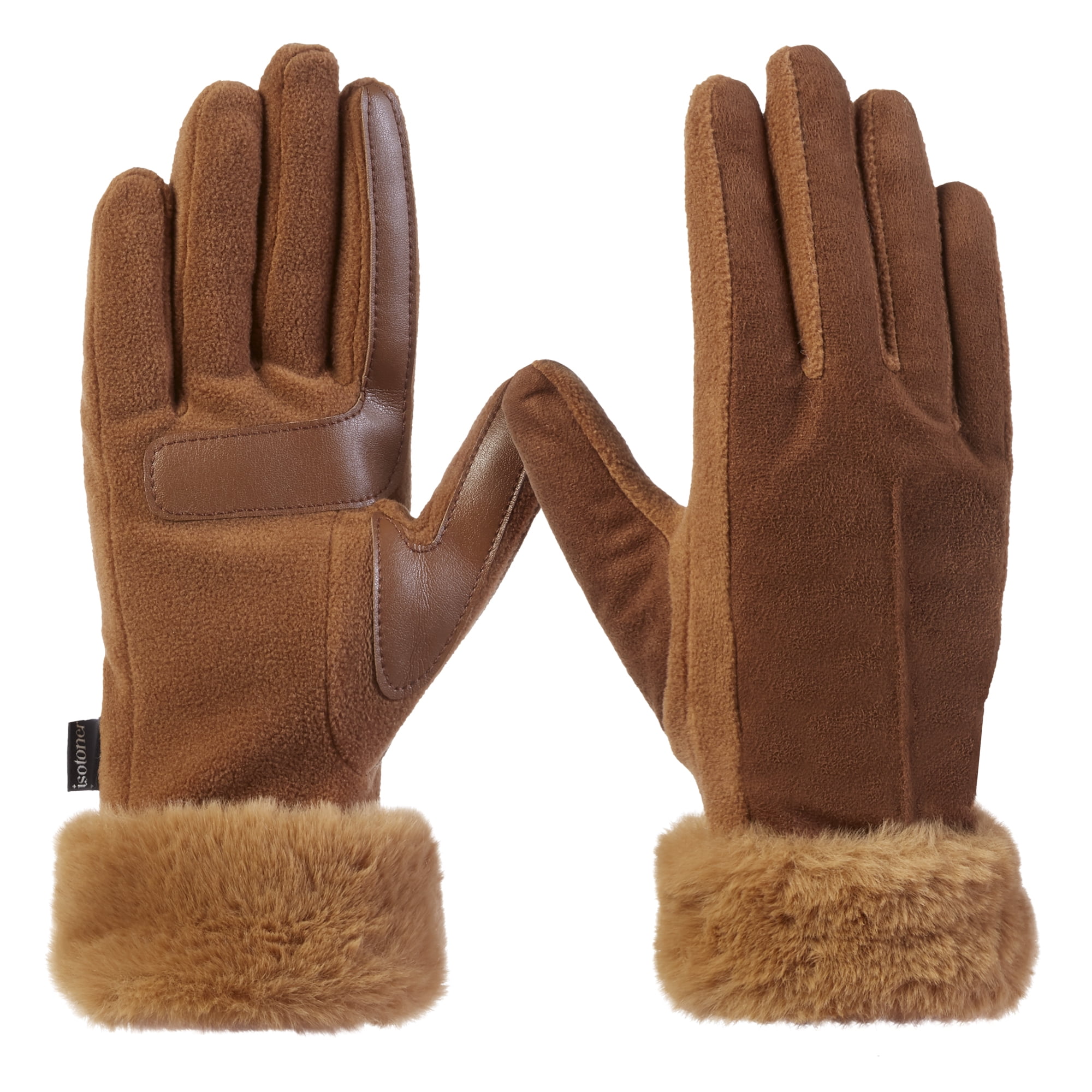 Isotoner Women's Microfiber Winter Glove with Faux Fur Cuff, L/XL, Cognac