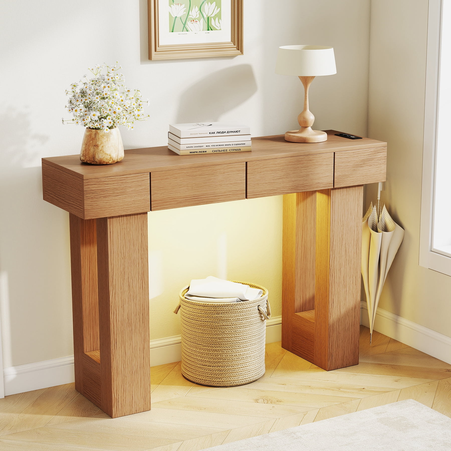 MOONMISS 47"Wide Console Table with 2 Drawers, Multifunctional Charging Station, LED Light, Solid Wood Farmhouse Console Table Behind Couch for Entryway, Hallway, Living Room-Natural Wood