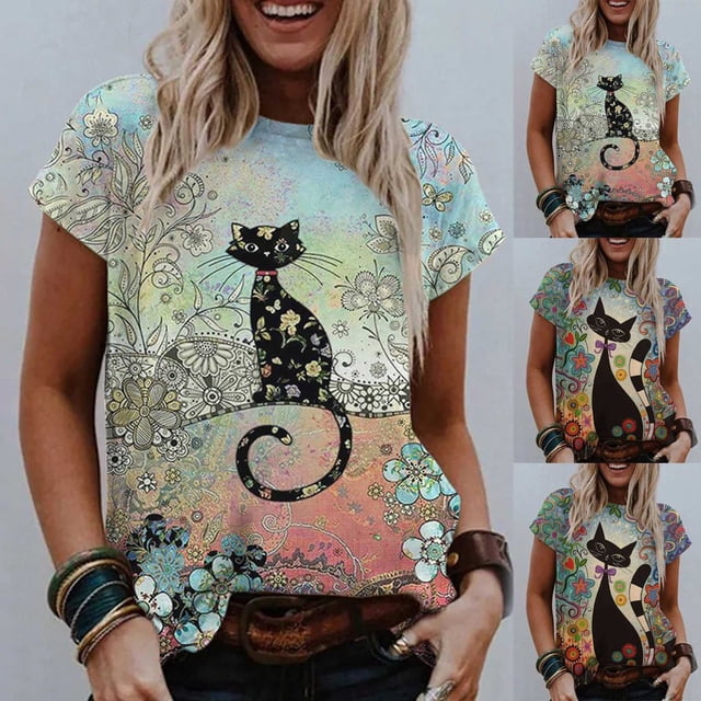 CHOK Vêtements pour Femmes Liquidation Mode Femme Blouse à Col Rond Imprimé Manches Courtes T-Shirt Hauts d'Été