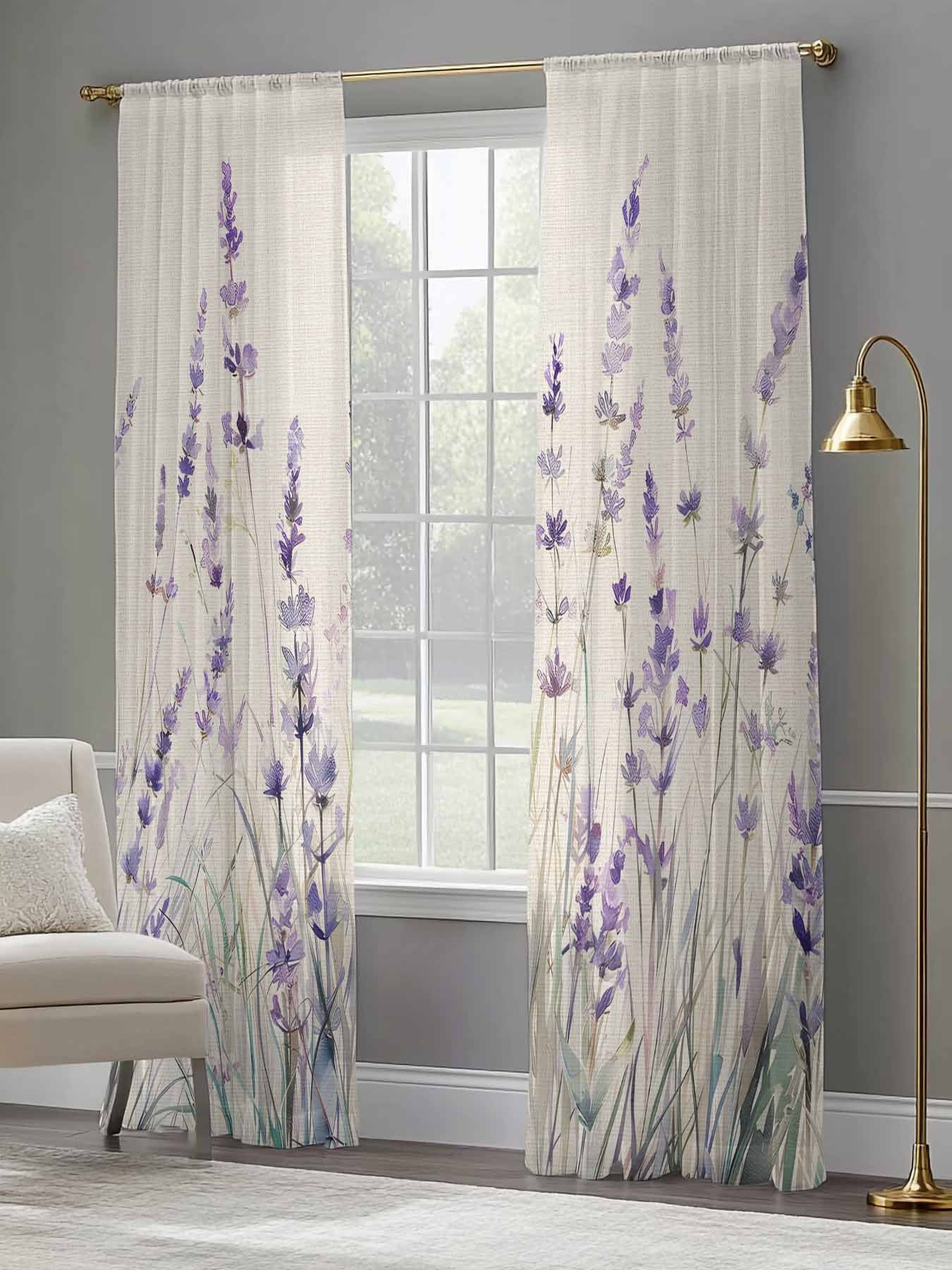 Spring Flower Sheer Curtains for Living Room Bedroom, Vintage Purple Lavender Linen Texture Light Filtering Sheer Curtain Rod Pocket Voile Window Treaments Drapes, 52 x 108 Inches