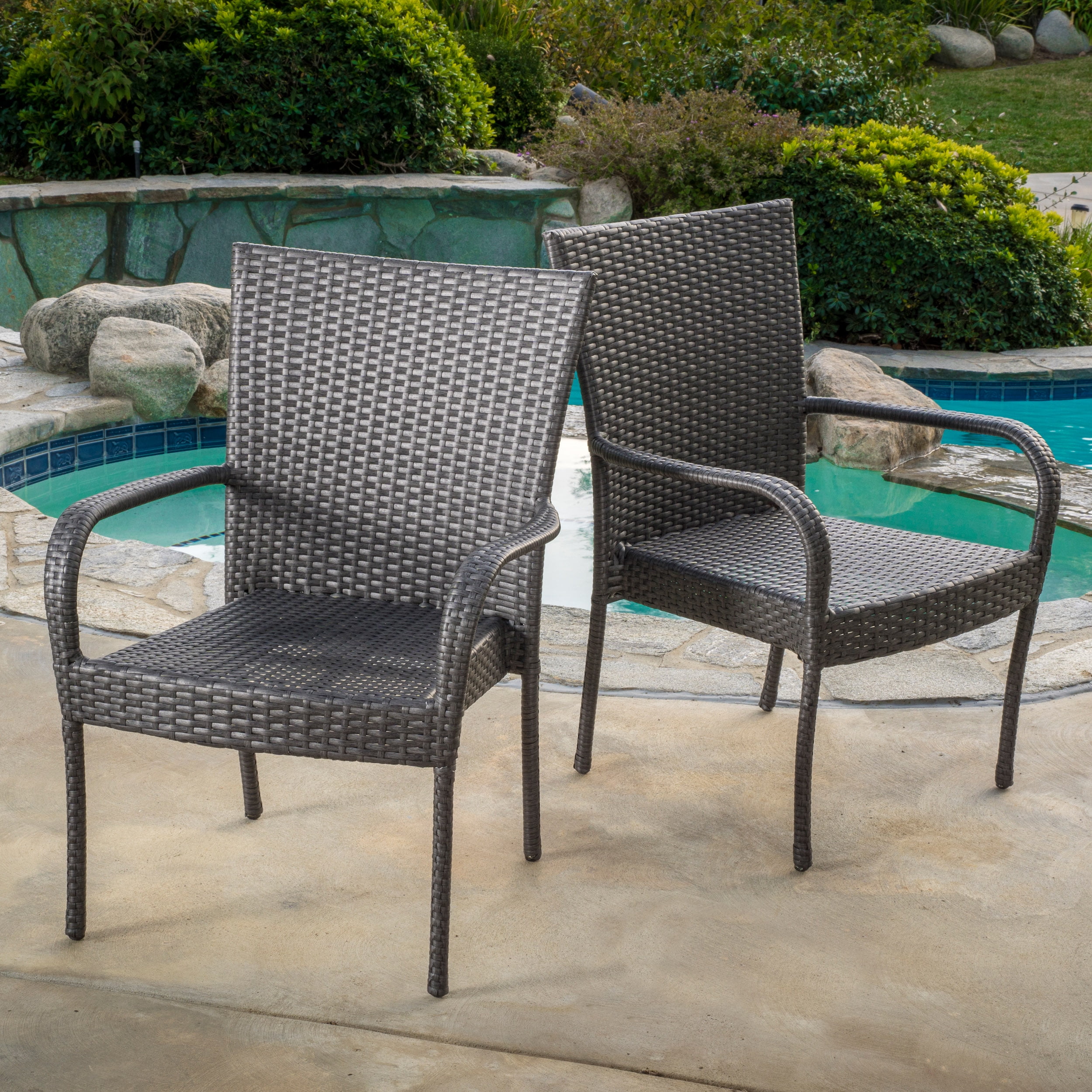 Outdoor PE Wicker Grey Stackable Club Chairs (Set of 2) Outdoor Patio