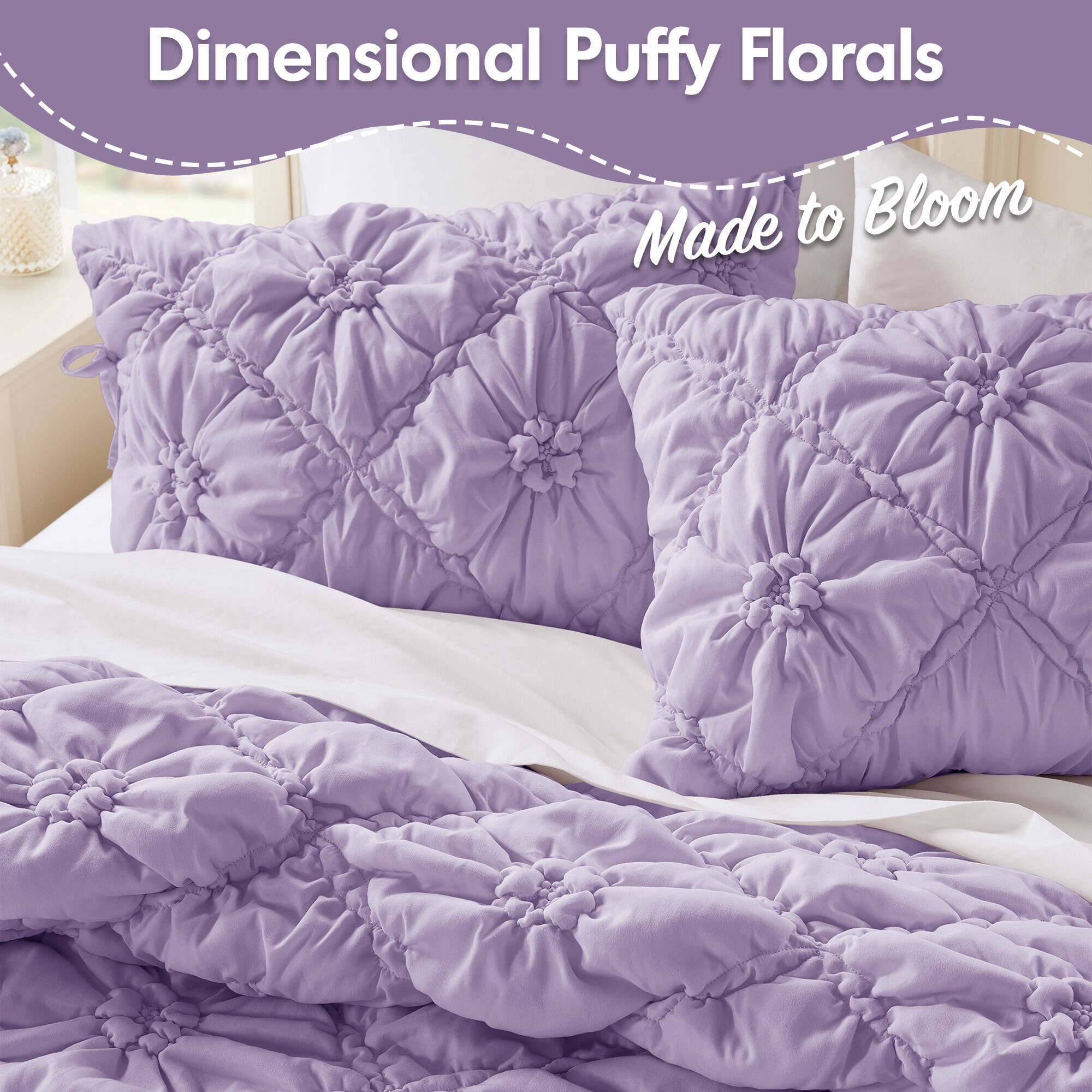 Regency Heights King Textured Floral Comforter Set, Puffy Bow Tie Dorm Bedding Sets, 3-Piece Purple Elastic Ruching Comforter Bed Set with Sham for All Season