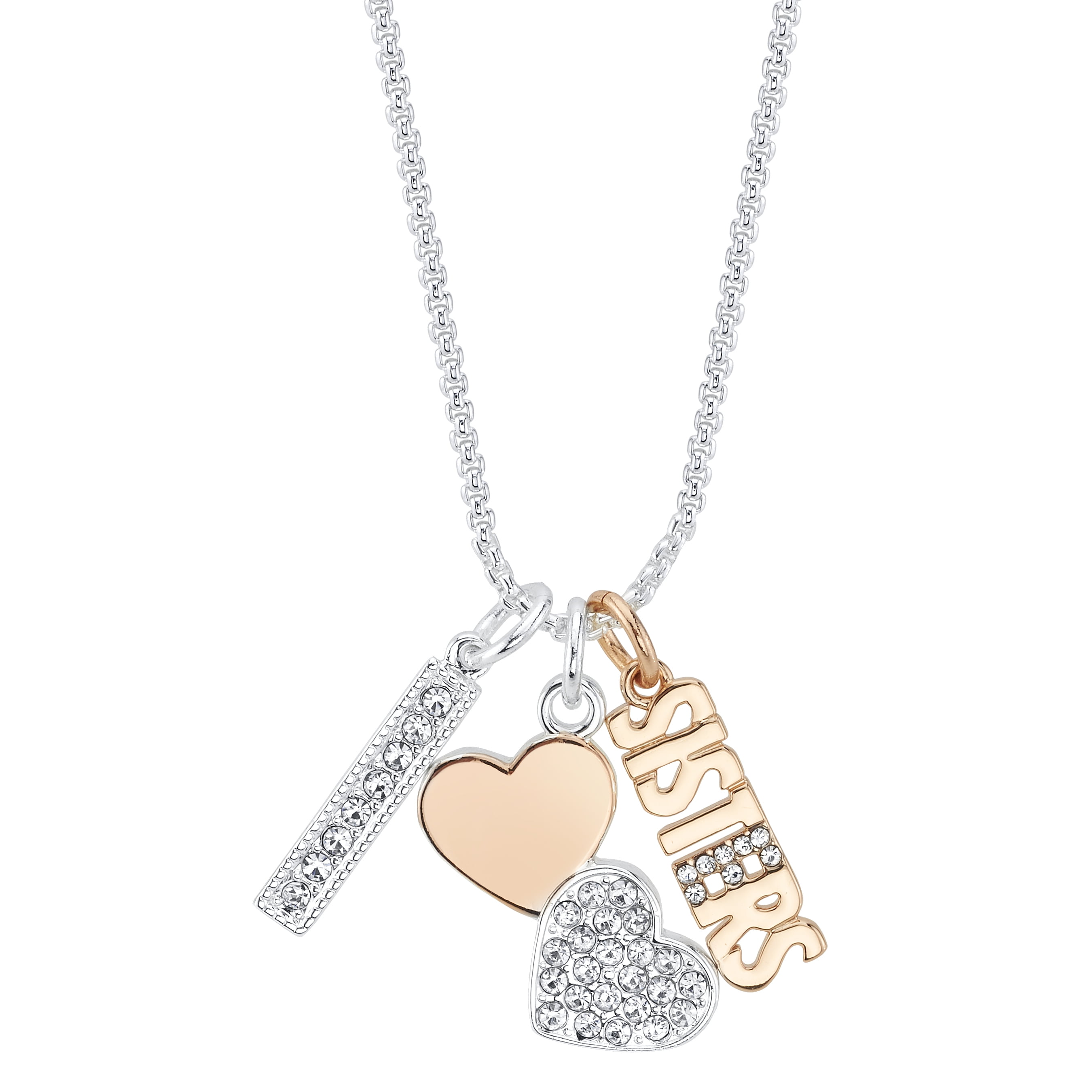 14kt Gold Flash Plated Crystal "Sisters" Double Heart Pendant Necklace, 18" + 2" Extender