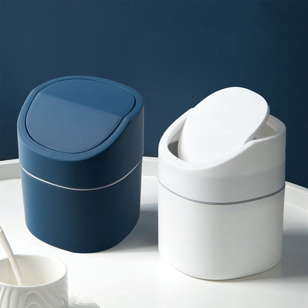 Papelera de sobremesa con tapa abatible - Mini papelera de plástico para oficina, coche o dormitorio - Pequeño contenedor sanitario de 5,3x5,3x6,5 pulgadas en blanco o azul