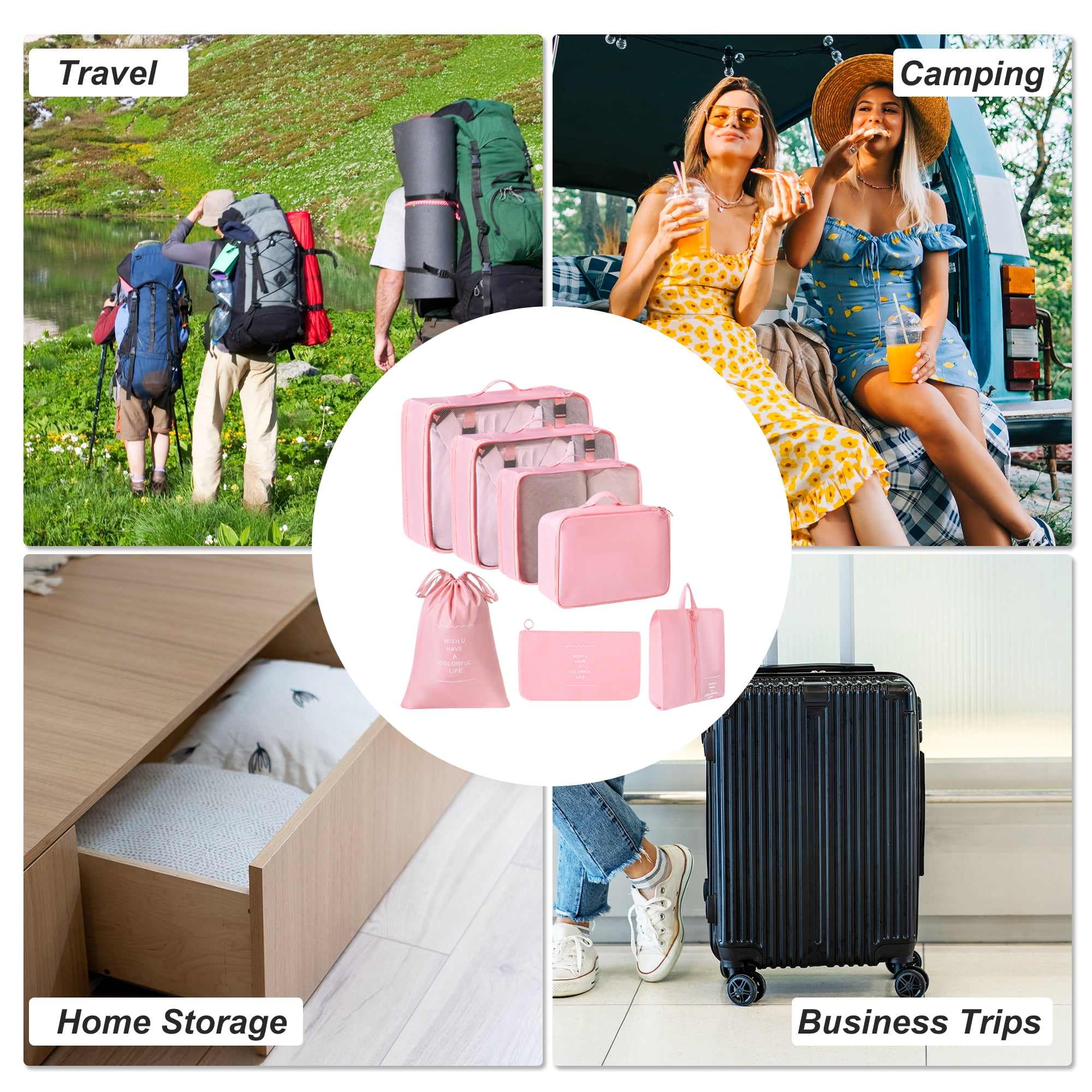Unique Bargains Portable Packing Cube Set with 7 Different Sized Bags Pink