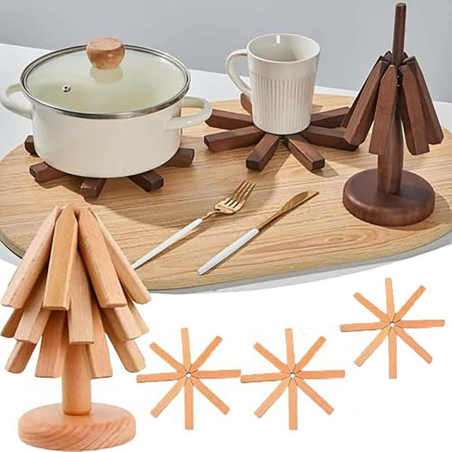 Juego de triveta de madera para hot pot - Almohadillas de aislamiento térmico de 3 piezas de ébano y madera de haya con soporte para mesas y encimeras - diseño plegable de 7,8 pulgadas