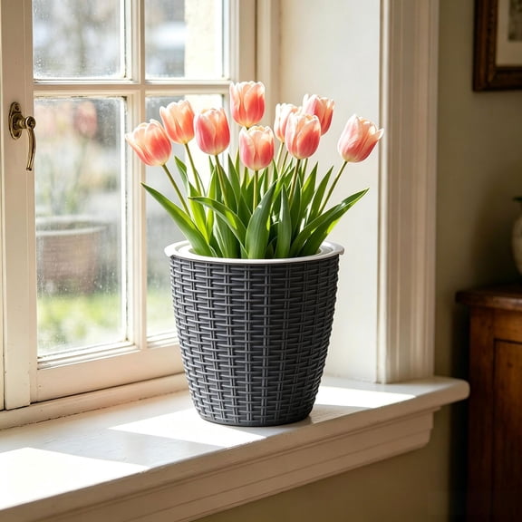 Large Round Faux Woven Rattan Plastic Planter with Matching Drainage Tray, Breathable Shatterproof Flower Pot for Succulents Houseplants Indoor Decor, Dark Gray