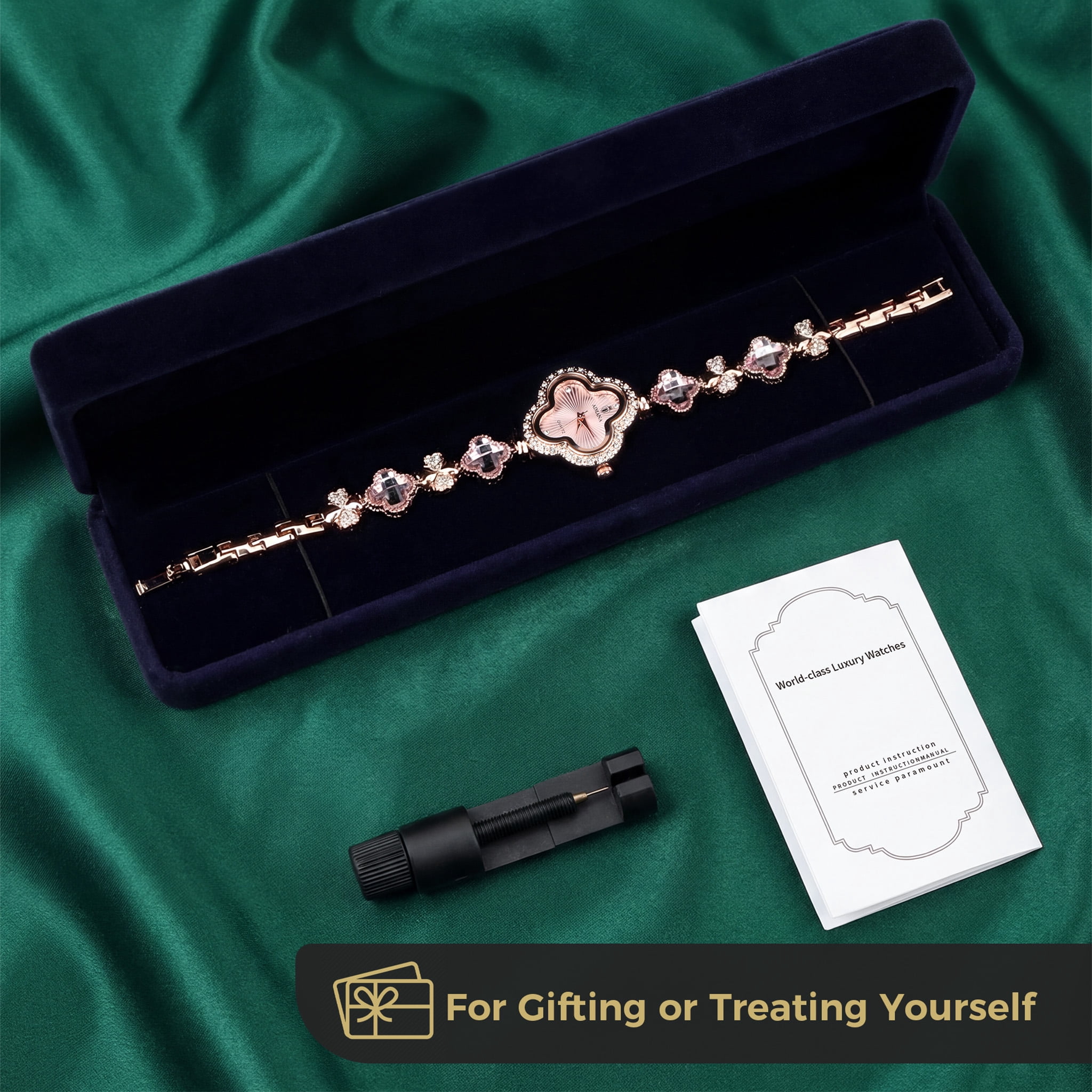Gold Watches for Women, Rose Gold Tone Bracelet Watch for Ladies Jewelry, Vintage Leaf Clover Shaped Dial, Small Analog Quartz, Adjustment Tool Included
