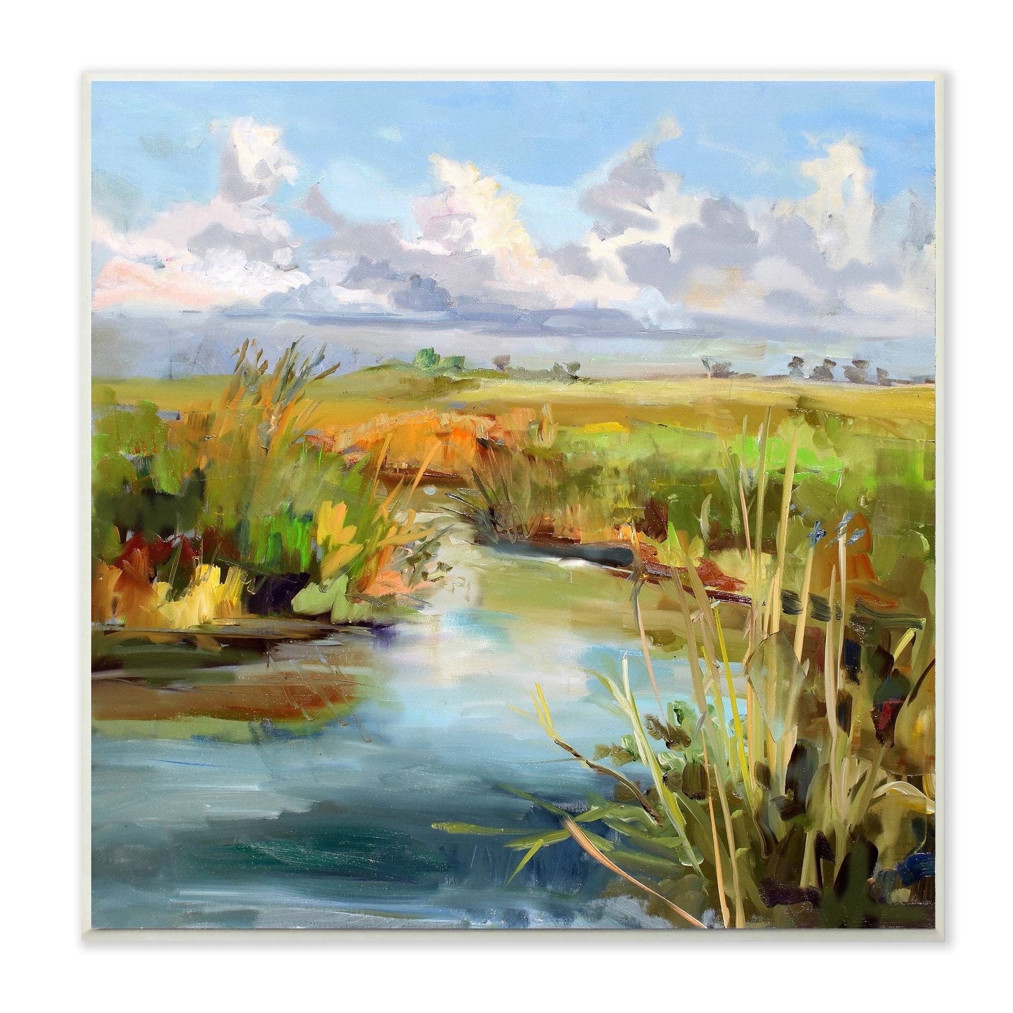 The Stupell Home Decor Bright Painterly Mid Day River Scene with Clouds Wall Plaque Art Design By Carol Hallock