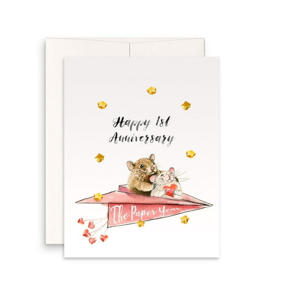 Happy 1st Anniversary Card – Adorable Hamsters on a Paper Airplane – Romantic Greeting for Paper Anniversary with Envelope Included