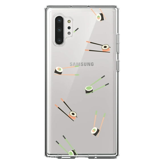 DistinctInk Clear Shockproof Hybrid Case for Galaxy Note 10 PLUS (6.8" Screen) - TPU Bumper, Acrylic Back, Tempered Glass Screen Protector - Sushi with Chopsticks - Pastels