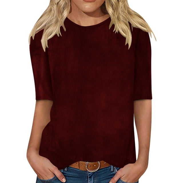 Tii.MM Womens 2025 Spring Velvet Tops Elegant Half Sleeve Crew Neck T Shirt Solid Color Tunic Blouse for Casual Work