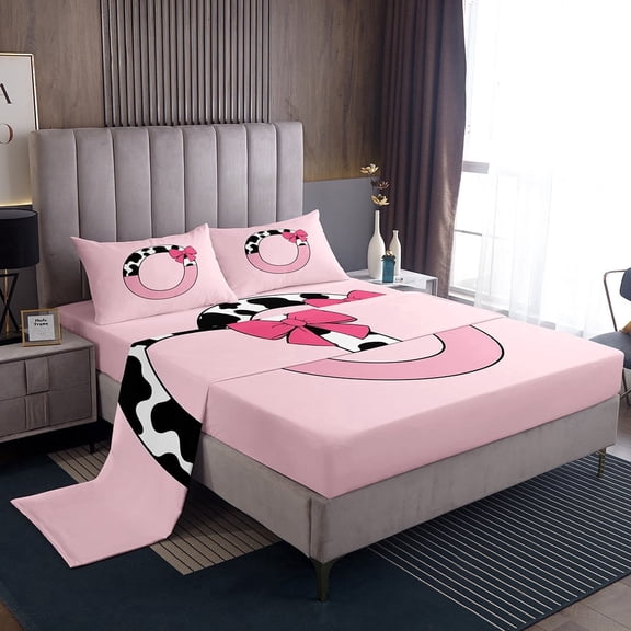 Erosebridal Monogrammed Letter Sheet Set Twin,Cattle Print Bedding Sets Twin Size,Ultra Soft Bed Sheets Twin,Pink Bow Tie Decoration,3pcs